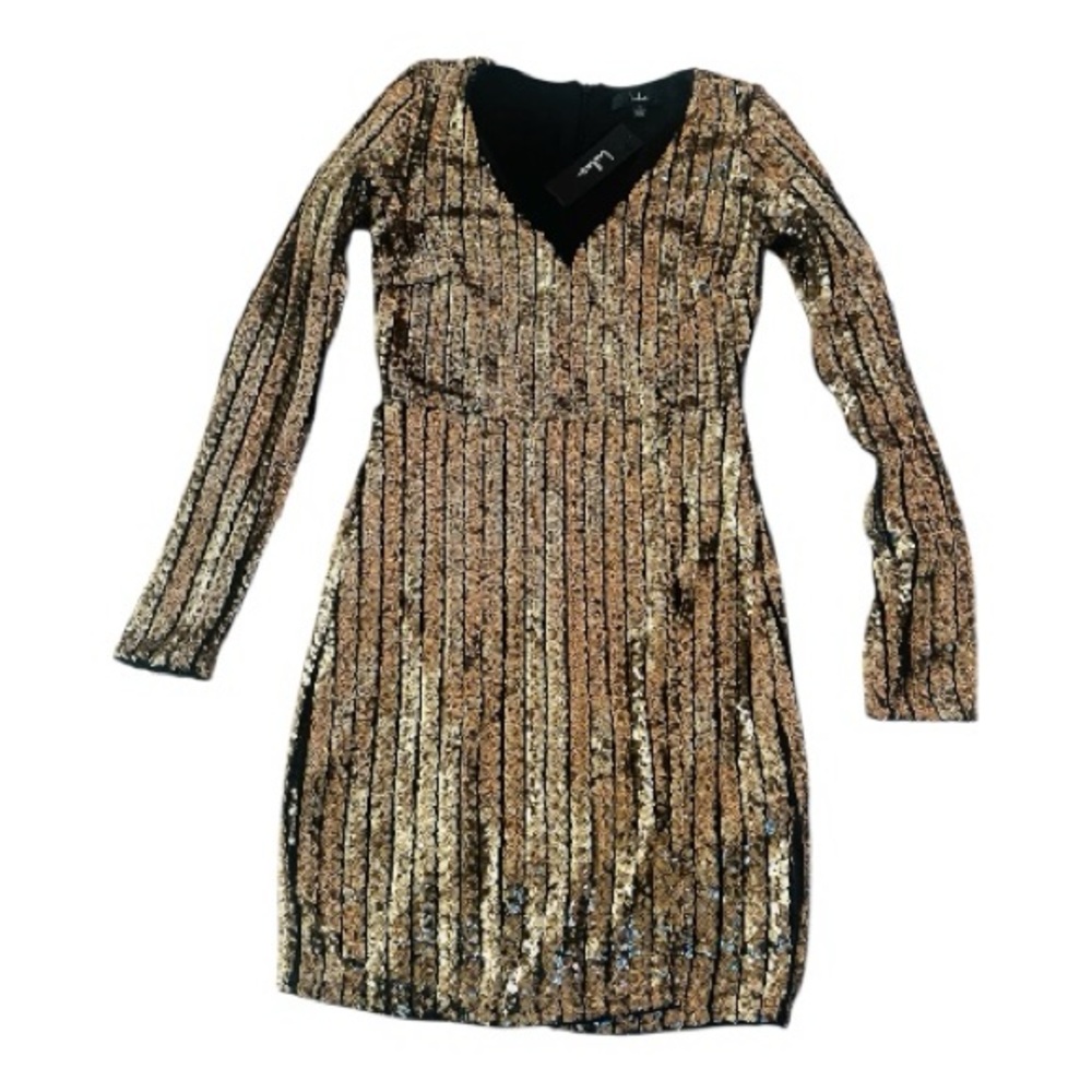 NWT Lulu's Elegant Gold Sequin Black Party Tulip Mini Dress |  New Years Eve - Picture 10 of 16